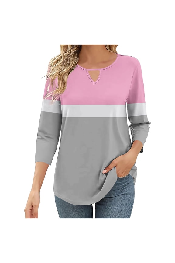 3/4 Length Sleeve Womens Tops Keyhole Crewneck Shirts Business Dressy Casual Tunic Blouses Summer Basic Tees, Limited Time Under 10 Dollars #13