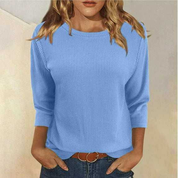 3/4 Length Sleeve Womens Tops Knit Crewneck Loose Fit Cute Shirts Casual Workout Three Quarter Blouses