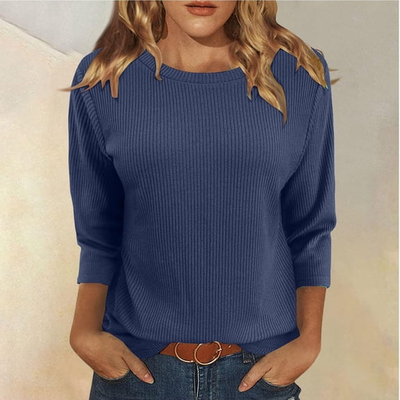 3/4 Length Sleeve Womens Tops Knit Crewneck Loose Fit Cute Shirts Casual Workout Three Quarter Blouses