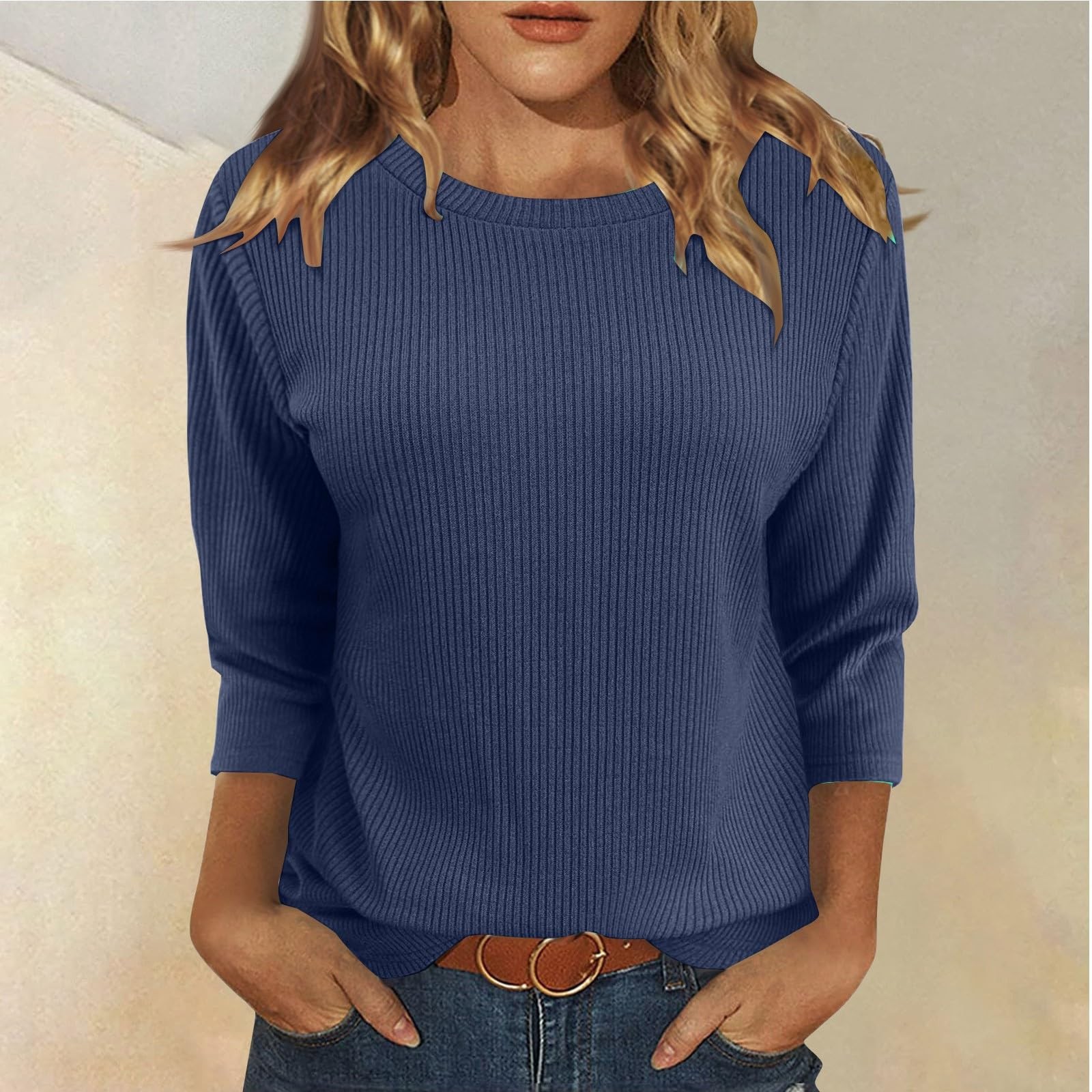3/4 Length Sleeve Womens Tops Knit Crewneck Loose Fit Cute Shirts ...