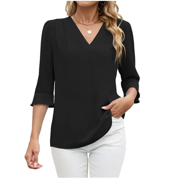 3/4 Length Sleeve Womens Tops Lace Trim Sleeve V Neck Tunics Fashion Dressy Shirts Lightweight Trendy T-Shirt Casual Business Outfits 2026 Summer Tops Lace Ladies Clothes