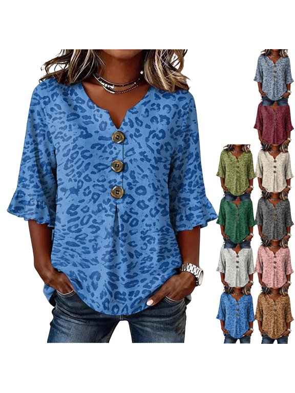 3/4 Length Sleeve Womens Tops Leopard Print Ruffle V Neck Button Loose Fit Daily Wear Blouses for Women Fashion Cheetah Tee Tops Blue 3XL