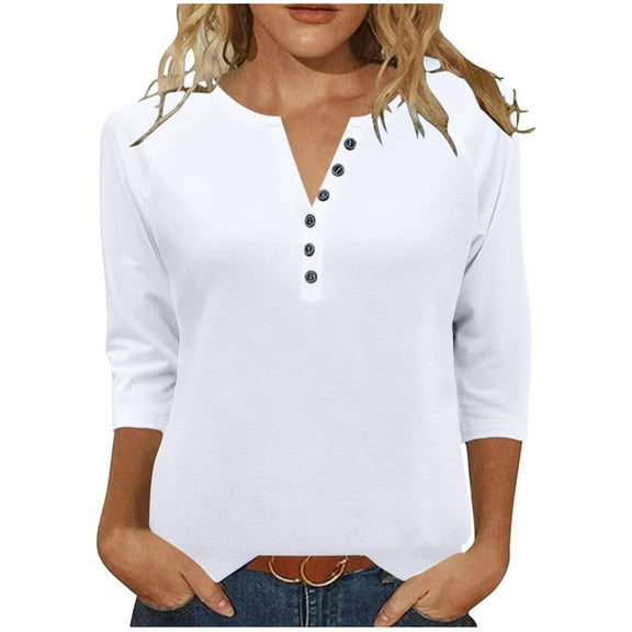 3/4 Length Sleeve Womens Tops Loose Casual Raglan V-Neck Henley Tshirts Trendy Fall Basic Dressy Button Comfy Tunic Blouses