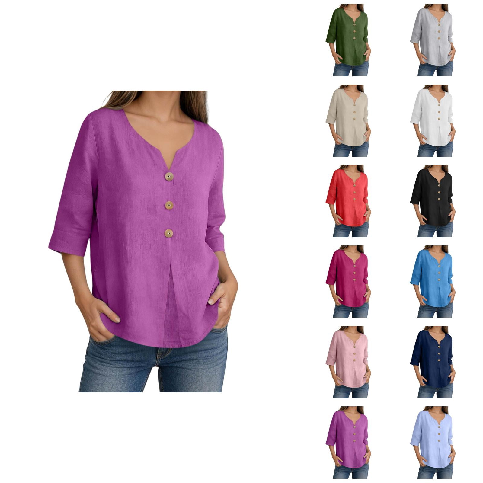 3/4 Length Sleeve Womens Tops Loose Fit V Neck Casual Cotton Linen ...