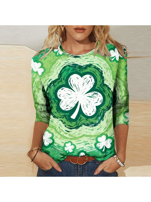 3/4 Length Sleeve Womens Tops Oversized Crewneck St Patricks Day Print Short Sleeve T Shirts Summer Casual Round Neck Plus Size Irish Shamrocks Printed Loose Fits Comfy Soft Tee Shirt