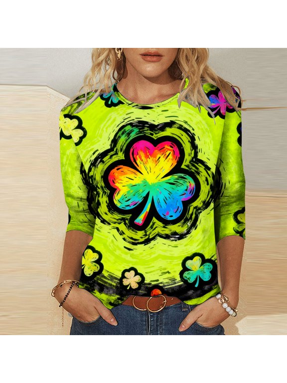 3/4 Length Sleeve Womens Tops Oversized Crewneck St Patricks Day Print Short Sleeve T Shirts Summer Casual Round Neck Plus Size Irish Shamrocks Printed Loose Fits Comfy Soft Tee Shirt