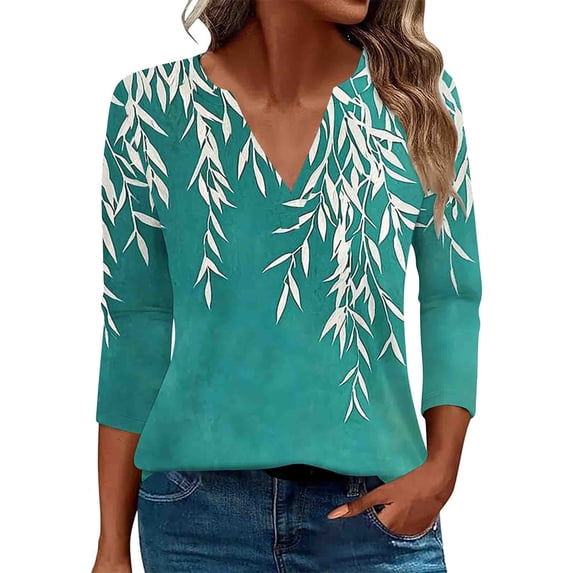3/4 Length Sleeve Womens Tops Petite Spring Tops for Women Women's Fashion Boho Shirts Floral Printed T-Shirt 3/4 Sleeves Blouse V-Neck Casual Tops Green S