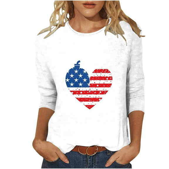 3/4 Length Sleeve Womens Tops Plus Size Heart American Flag T Shirts for 4th of July Independence Day Patriotic Tshirts USA Star Stripes Graphic Tees Casual Crewneck Tunic Top Memorial Day Outfits