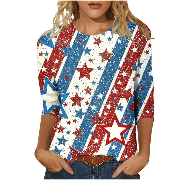 3/4 Length Sleeve Womens Tops Plus Size Heart American Flag T Shirts for 4th of July Independence Day Patriotic Tshirts USA Star Stripes Graphic Tees Casual Crewneck Tunic Top Memorial Day Outfits