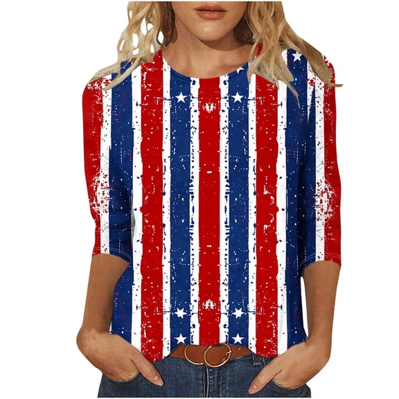 3/4 Length Sleeve Womens Tops Plus Size Heart American Flag T Shirts for 4th of July Independence Day Patriotic Tshirts USA Star Stripes Graphic Tees Casual Crewneck Tunic Top Memorial Day Outfits