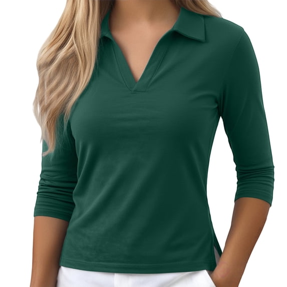 3/4 Length Sleeve Womens Tops Plus Size Polo-Shirts Lightweight Basic Tees Golf Shirt Slim Fit Classic V Neck Blouses for Athletic Running Hiking Gym Yoga 2026 Fall Outfits for Women(Green,4XL)