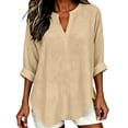 thumbnail image 1 of 3/4 Length Sleeve Womens Tops Plus Size Summer Tops Work Tops Women's Oversized T-Shirts Linen Shirts Vacation Outfits Cotton Linen Tops Womens Tops Womens Linen Tops Quarter Sleeve Tops Beige L, 1 of 7