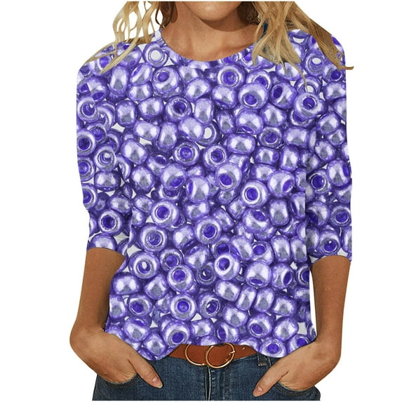 3/4 Length Sleeve Womens Tops Plus Size Trendy Sequin Spring Tunic Shirts Classic-Fitted Crew Neck Pullover Blouses(Dark Blue,XXL)