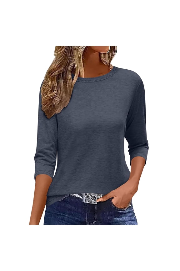 3/4 Length Sleeve Womens Tops Ribbed Knit Sweater Oversized T Shirts Round Neck Blouses Fall Fashion 2024 Clothes