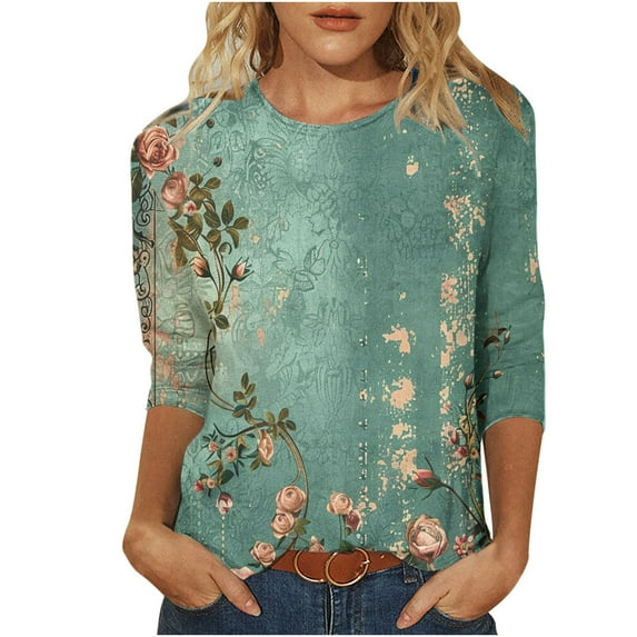 3/4 Length Sleeve Womens Tops Round Neck 2025 Vintage Floral Print Trendy Fall Casual Loose Blouse Plus Size T-Shirts Tops,Green 2,2XL