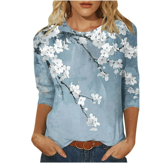 3/4 Length Sleeve Womens Tops Round Neck 2025 Vintage Floral Print Trendy Fall Casual Loose Blouse Plus Size T-Shirts Tops,Light Blue 2,M