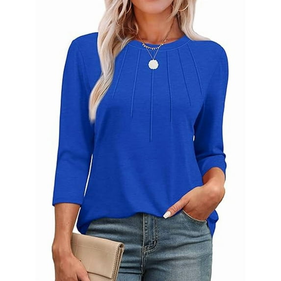 3/4 Length Sleeve Womens Tops Round Neck Casual Tunic Tops Basic Pleated Shirts Loose Fit 2025 Blue M