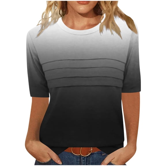 3/4 Length Sleeve Womens Tops Round Neck Casual Tunic Tops Pleated Shirts Dressy, Limited Time Under 10 Dollars #27