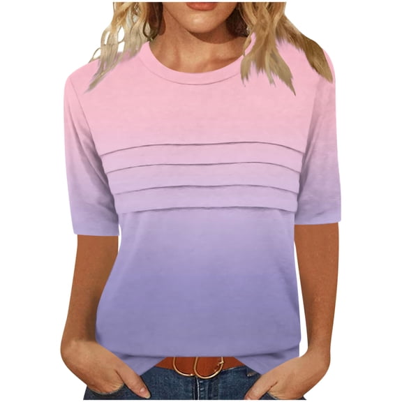 3/4 Length Sleeve Womens Tops Round Neck Casual Tunic Tops Pleated Shirts Dressy, Limited Time Under 10 Dollars #27