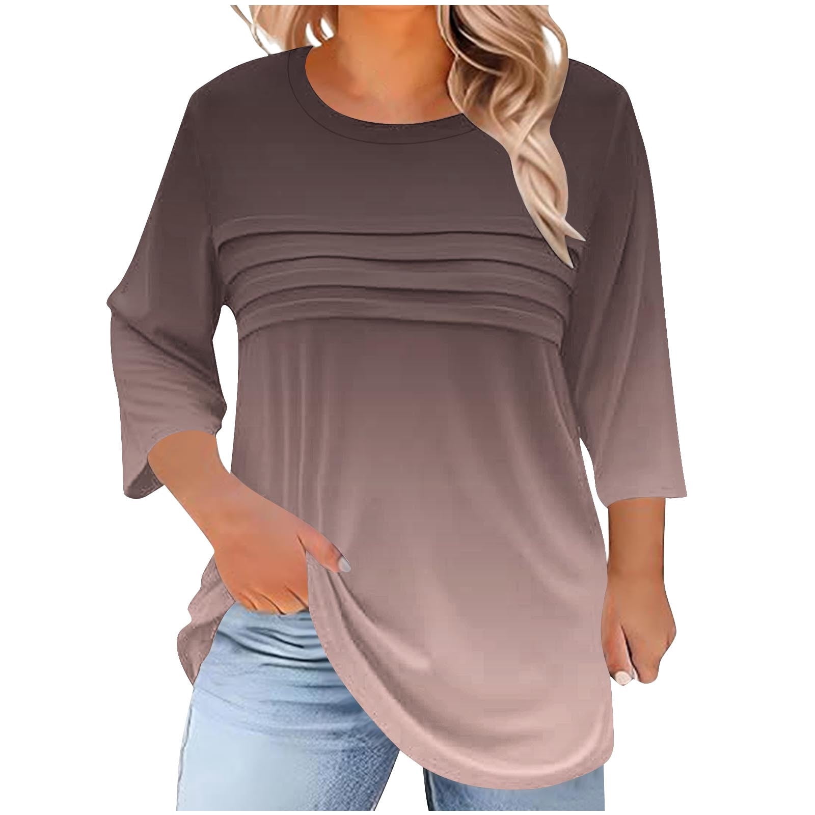 3/4 Length Sleeve Womens Tops Round Neck Color Block Pleated Tunic ...