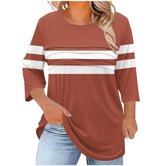 3/4 Length Sleeve Womens Tops Round Neck Color Block Pleated Tunic Basic Shirts Casual Loose Plus Size Print Blouses (4XL, Orange-A)