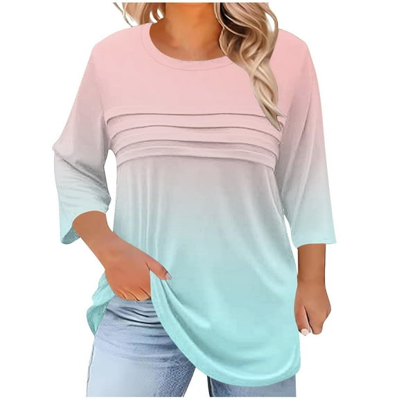 3/4 Length Sleeve Womens Tops Round Neck Color Block Pleated Tunic Basic Shirts Casual Loose Plus Size Print Blouses (4XL, Pink)