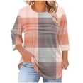 thumbnail image 1 of 3/4 Length Sleeve Womens Tops Round Neck Color Block Pleated Tunic Basic Shirts Casual Loose Plus Size Print Blouses (XL, Red-A), 1 of 5