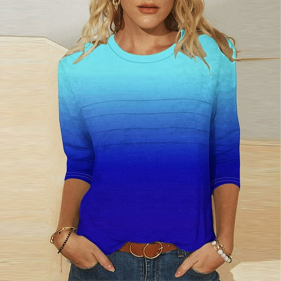 3/4 Length Sleeve Womens Tops Round Neck Loose Cute Spring Summer Tee Shirts Dressy Casual Print Blouses Tunic Blue XL