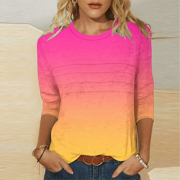 3/4 Length Sleeve Womens Tops Round Neck Loose Cute Spring Summer Tee Shirts Dressy Casual Print Blouses Tunic Hot Pink L