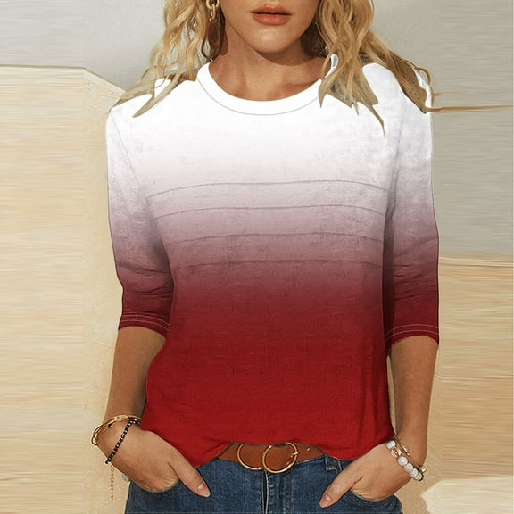 3/4 Length Sleeve Womens Tops Round Neck Loose Cute Spring Summer Tee Shirts Dressy Casual Print Blouses Tunic Red 2XL