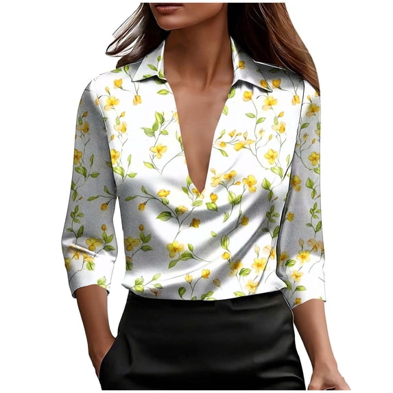 3/4 Length Sleeve Womens Tops Satin Vintage Floral Print Shirts Lapel Collar V Neck Blouses Silky Dressy T-Shirt Business Casual Outfits Going Out Tops 2026 Spring Summer Top