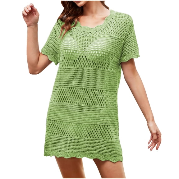 Mini Dress Sevevn Women's Summer Sasual Short Sleeved Round Neck Solid Color Crochet Hollow Beach Dress