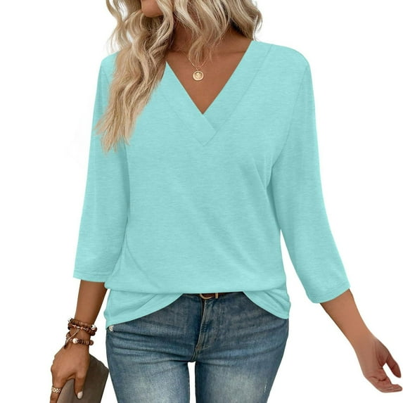 3/4 Length Sleeve Womens Tops Sevevn Women's Fashion Solid Color T-Shirt 3/4 Sleeves Blouse Round Neck Casual