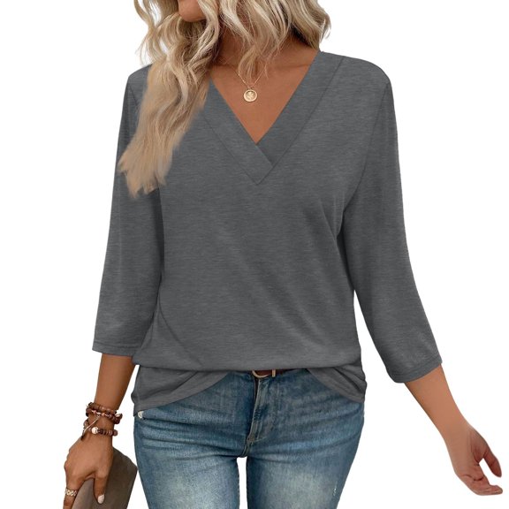 3/4 Length Sleeve Womens Tops Sevevn Women's Fashion Solid Color T-Shirt 3/4 Sleeves Blouse Round Neck Casual