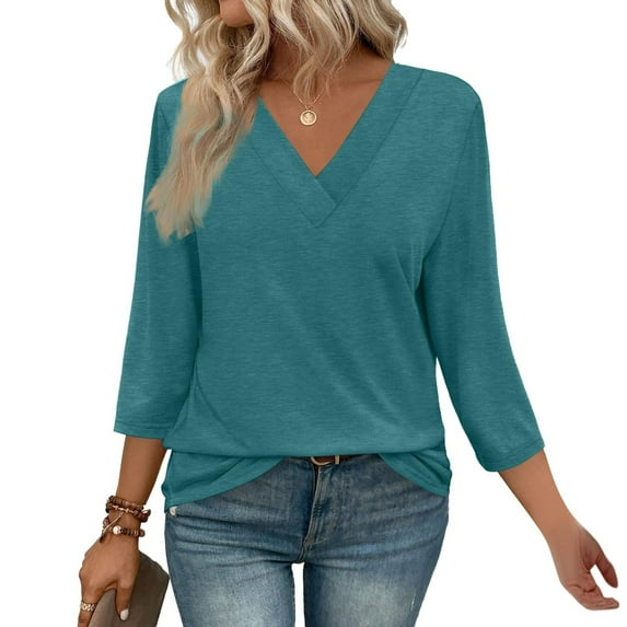 3/4 Length Sleeve Womens Tops Sevevn Women's Fashion Solid Color T-Shirt 3/4 Sleeves Blouse Round Neck Casual