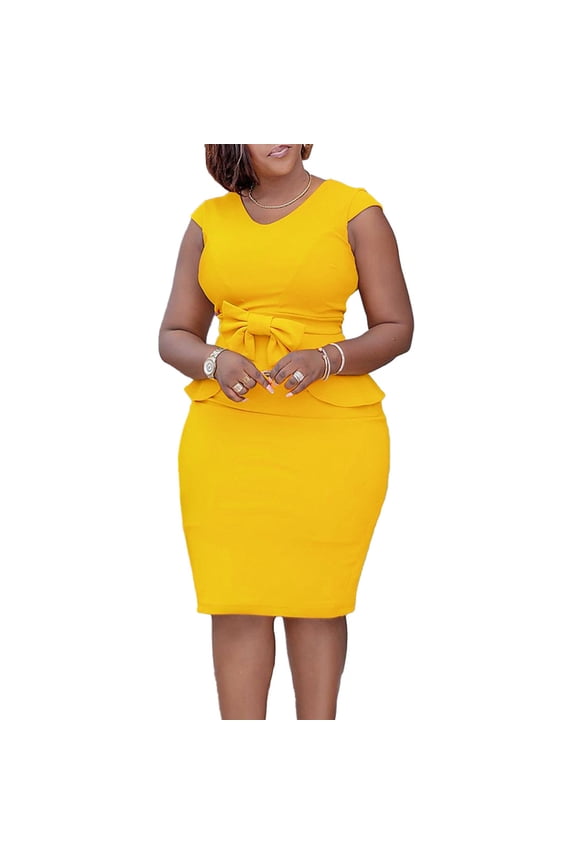 Cocktail Dresses For Women Sevevn Fashion Women Solid Color Round-Neck Short Ankle Sleeve High Waist Dress Skirt