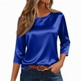 thumbnail image 1 of 3/4 Length Sleeve Womens Tops Silk Satin Crewneck Work Business Casual Outfits Summer Spring Blouses for Women 2026 Blue M, 1 of 3