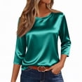 thumbnail image 1 of 3/4 Length Sleeve Womens Tops Silk Satin Crewneck Work Business Casual Outfits Summer Spring Blouses for Women 2026 Green L, 1 of 3