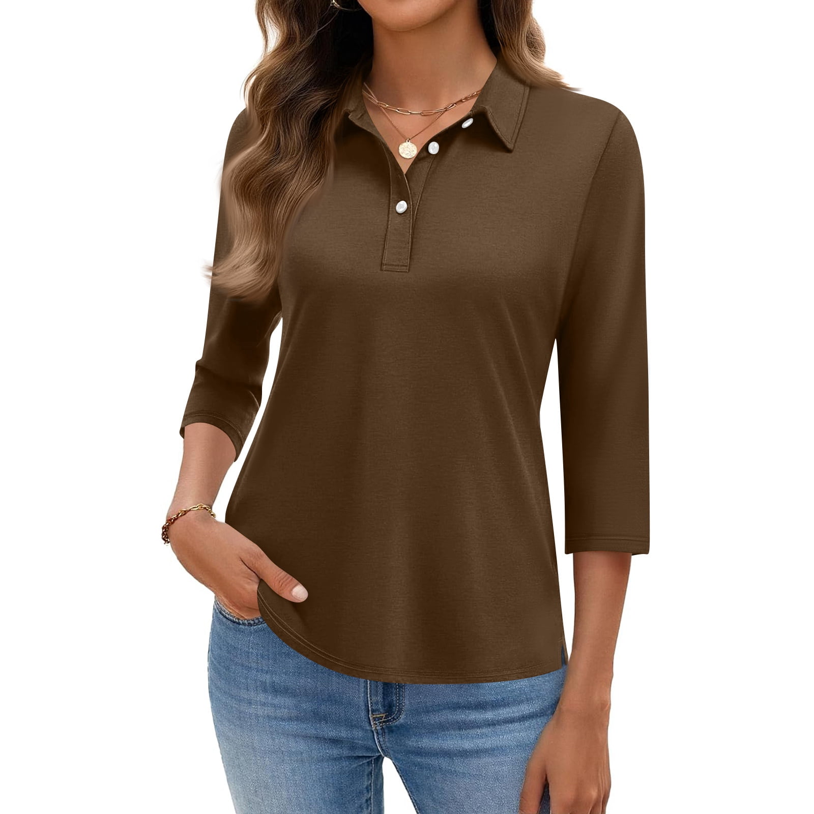 3/4 Length Sleeve Womens Tops Solid Color Lapel Button Down Collar ...