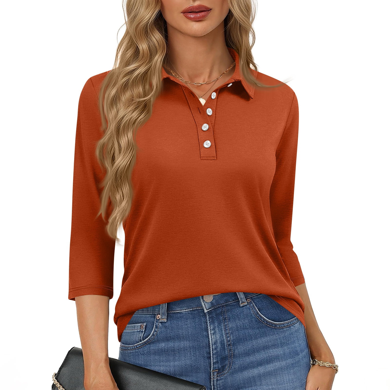 3/4 Length Sleeve Womens Tops Solid Color Lapel Button Down Collar ...