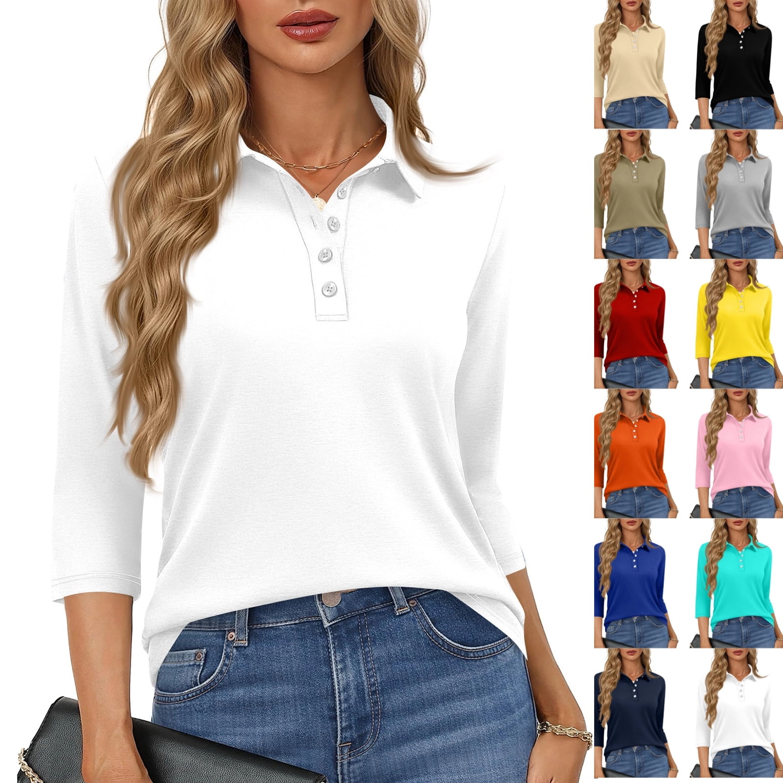 3/4 Length Sleeve Womens Tops Solid Color Lapel Collar Lightweight Polo ...