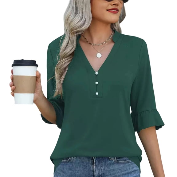 3/4 Length Sleeve Womens Tops Solid Color V Neck Spring Shirts Ladies Top Summer Shirt Casual Blouse Dark Green L