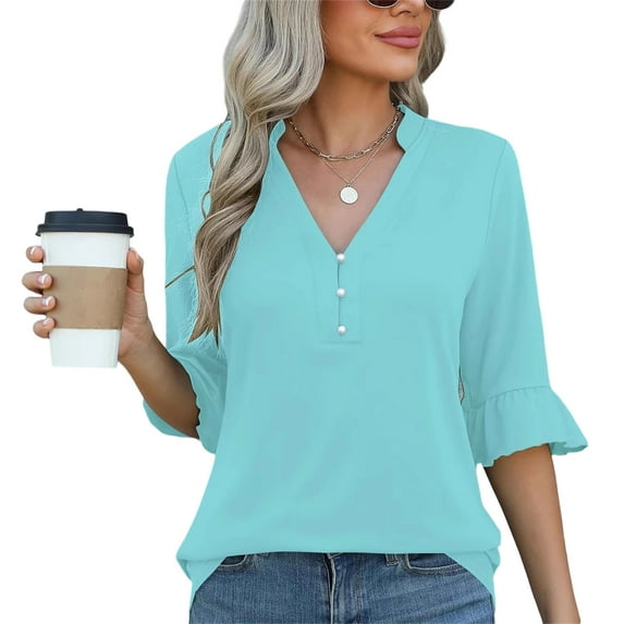3/4 Length Sleeve Womens Tops Solid Color V Neck Spring Shirts Ladies Top Summer Shirt Casual Blouse Turquoise M