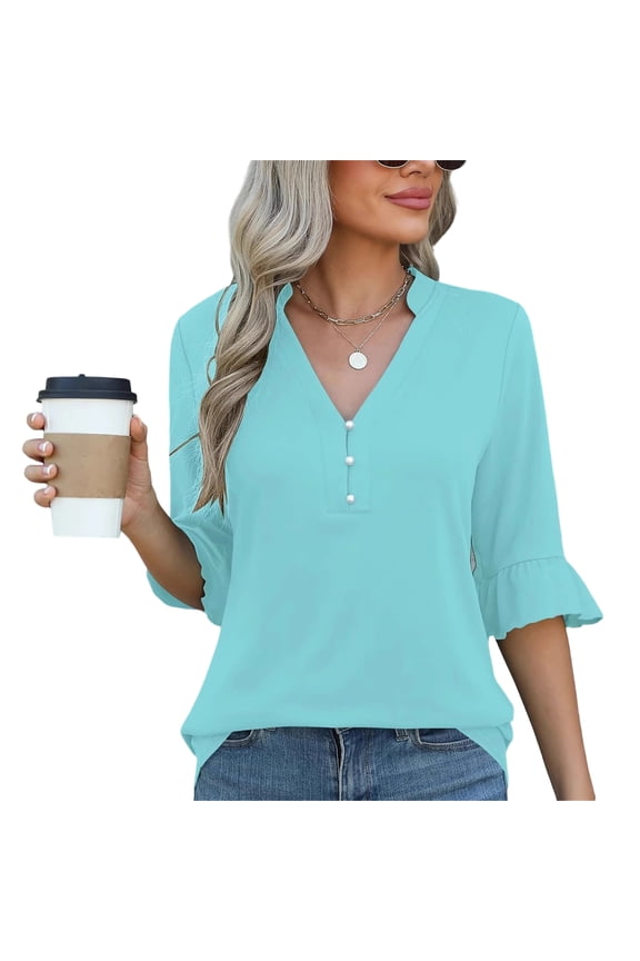 3/4 Length Sleeve Womens Tops Solid Color V Neck Spring Shirts Ladies Top Summer Shirt Casual Blouse Turquoise M