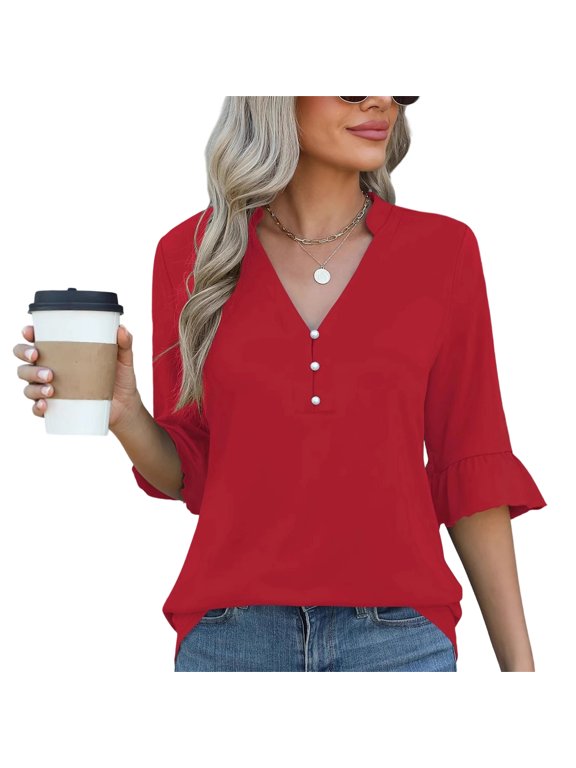 3/4 Length Sleeve Womens Tops Solid Color V Neck Spring Shirts Ladies Top Summer Shirt Casual Blouse Wine 2XL