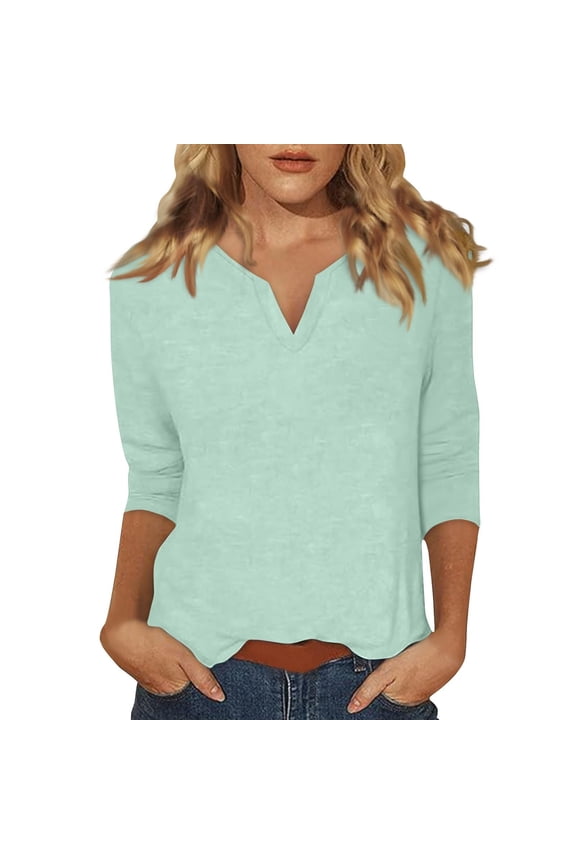 3/4 Length Sleeve Womens Tops Spring Casual Print V Neck T Shirts For Women