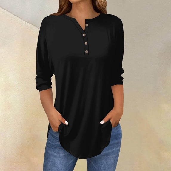 3/4 Length Sleeve Womens Tops Spring Neck Casual Print Tunic T Shirts Three Quarter Length Womens Tops