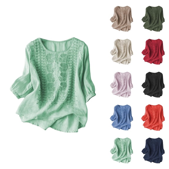 3/4 Length Sleeve Womens Tops Spring Summer Casual Cotton Linen Lightweight Crewneck Vintage Boho Embroidered T Shirts
