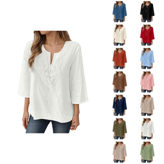 3/4 Length Sleeve Womens Tops Spring Summer Casual Cotton Linen Lightweight Loose V Neck Boho T Shirts Blouse