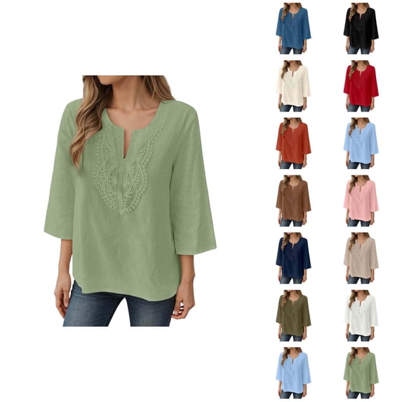 3/4 Length Sleeve Womens Tops Spring Summer Casual Cotton Linen Lightweight Loose V Neck Boho T Shirts Blouse